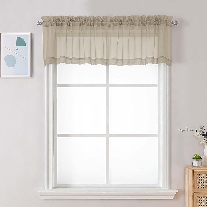 Chyhomenyc Taupe Sheer Valances for Windows - Light Filtering Small Kitchen Curtains, Rod Pocket Short Top Window Treatment Decor for Living Room Bathroom Basement, 42Wx16L inches, 2 Panels