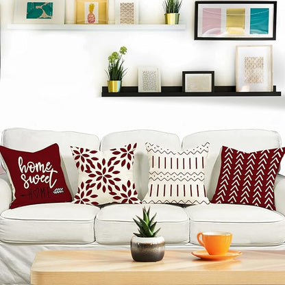 YCOLL Christmas Pillow Covers 20x20 Set of 4, Modern Sofa Throw Pillow Cover for Christmas Decor, Decorative Outdoor Linen Fabric Pillow Case for Couch Bed Car, Wine Red