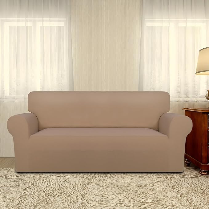 PureFit Super Stretch Sofa Slipcover – Spandex Non Slip Soft Couch Sofa Cover, Washable Furniture Protector with Non Skid Foam and Elastic Bottom for Kids, Pets (Oversized Loveseat, Camel)