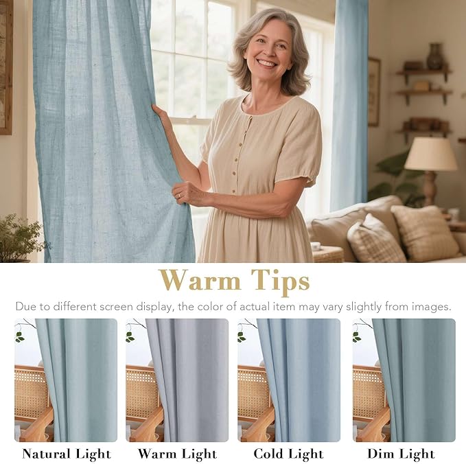 H.VERSAILTEX Living Room Linen Curtains - Semi Sheer, Nickel Grommet, Energy Saving, Light Filtering Window Treatments - Cloud Blue, 2 Panels, 52 x 63 Inch
