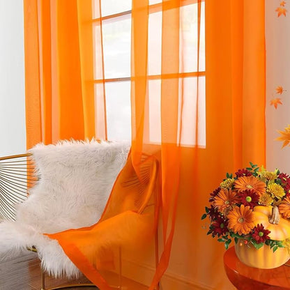 youleyar Solid Sheer Rod Pocket Curtain Voile Draperies 4 Panels White Beige Black Grey Ivory 52 Inch Width 45 Inch Long 1 Pair for Kitchen Bedroom Children Living Room Yard(Orange,52 Wｘ45 L)