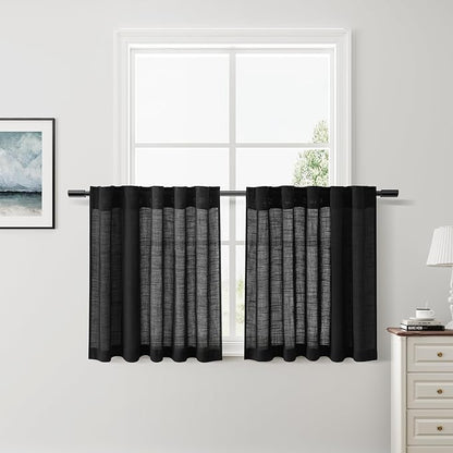 Nanspring Black Linen Curtains 24 Inch Length for Kitchen Small Windows Privacy Front Door Back Tab and Rod Pocket Drapes for Cafe Camper Small Curtains, 30 x 24 Inch,2 Panels