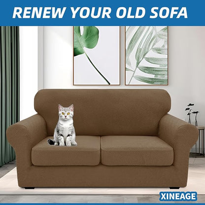 XINEAGE New 3 Pieces Couch Covers for 2 Cushion Sofa Super Stretch Loveseat Slipcover Pet Dog Universal Slip Cover Anti Slip Love Seat Furniture Protector (Brown, 55"-69")
