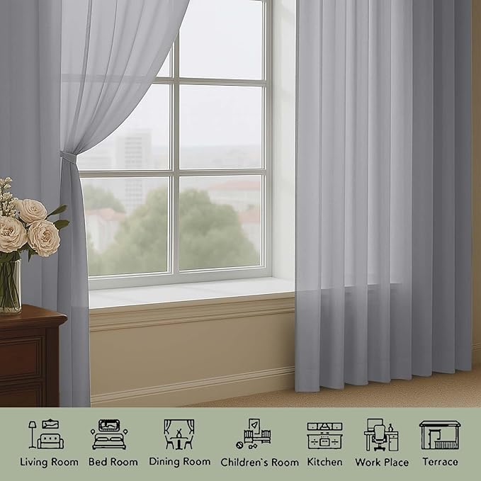 OWENIE Sheer Grey Curtains, Sheer Curtains 63 inch Length 2 Panels Set, Rod Pocket Voile Fimly Sheer Drapes for Living Room Bedroom, 2pcs, Grey, Each 59" W x 63" L