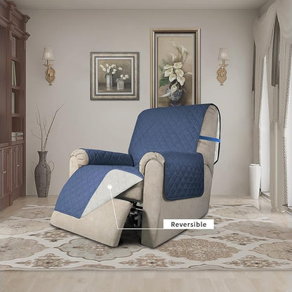 Easy-Going Recliner Chair Covers Reversible Recliner Slipcovers Water Resistant Sofa Cover Couch Cover Furniture Protector with Elastic Straps for Dog Pet (Recliner, Dark Blue/Ivory)
