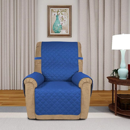 PureFit Reversible Quilted Sofa Cover, Water Resistant Slipcover Furniture Protector, Washable Couch Cover with Non Slip and Elastic Straps for Kids, Dogs, Pets (Small Recliner, Classic Blue/Ivory)