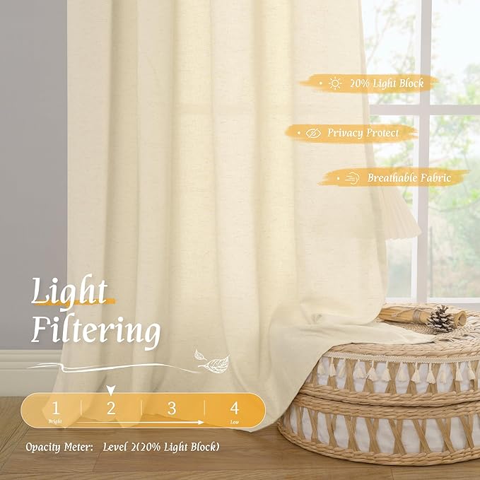 LAMIT Beige Linen Window Curtains 72 Inch Length 2 Panels, Thick Linen Textured Light Filtering Rod Pocket Burlap Boho Neutral Privacy Drapes for Bedroom/Living Room, Beige, 52 x 72 Inch