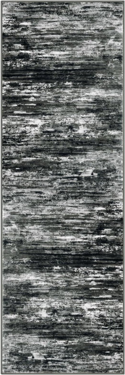 KOZYFLY Modern Abstract Hallway Runner Rug, 2.6x8 Washable Rug Runner Non-Slip Soft Striped Kitchen Runner Rugs, Print Black Grey Carpet Runner for Entryway Bathroom Laundry Room Foyer