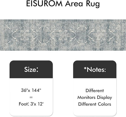 Washable 3x12 Runner Rug - Non-Slip Vintage Thin Rug for Entryway Low-Pile Medallion Long Rugs for Hallway Waterproof Traditional Runner Indoor Thin Rug for Kitchen (Blue)