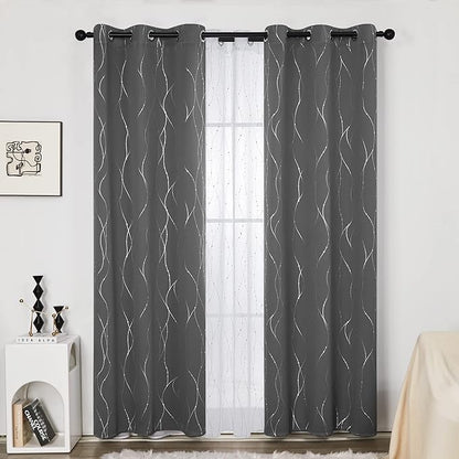 Deconovo Living Room Curtains, Blackout Drapes, Thermal Insulated Soundproof Panels, Modern Silver Wave Dots Print, 42 x 95 Inch Long, Machine Washable Panel for Bedroom Nursery, Set of 2, Light Grey