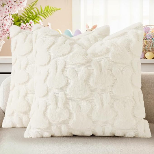 decorUhome Easter Bunny Pillow Covers 16x16 Inch Set of 2, Soft Plush Faux Wool Jacquard Cream White Rabbit Cushion Covers, Farmhouse Neutral Spring Easter Holiday Decor for Couch Sofa Bed