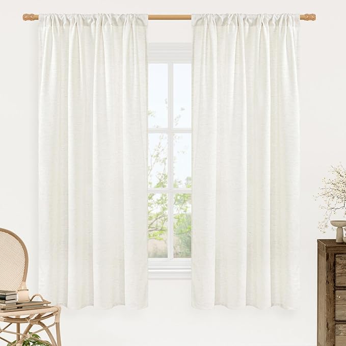 LAMIT Faux Linen 63 Inch Curtains for Bedroom, Ivory Rod Pocket Linen Drapes Light Filtering Semi Sheer Privacy Curtains for Small Window/Living Room, 2 Panels (42 x 63 Inch, Natural)