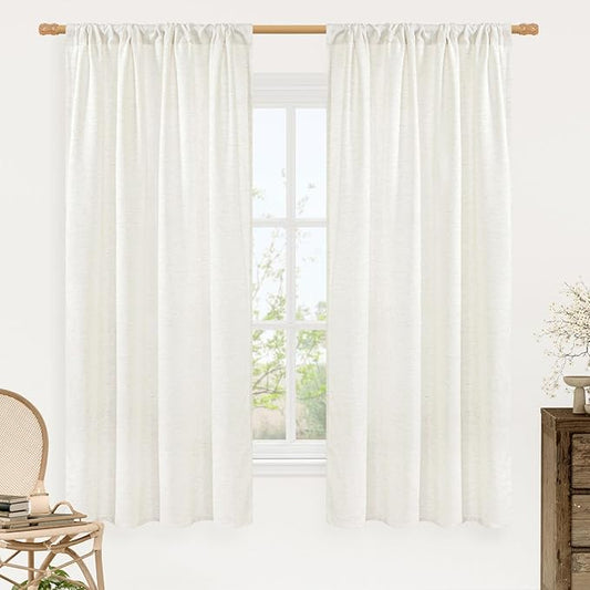 LAMIT Faux Linen 63 Inch Curtains for Bedroom, Ivory Rod Pocket Linen Drapes Light Filtering Semi Sheer Privacy Curtains for Small Window/Living Room, 2 Panels (42 x 63 Inch, Natural)