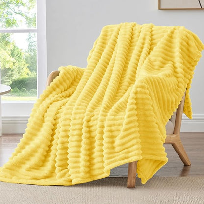 BEDELITE Twin Blanket for Couch & Bed, 300GSM Soft & Warm Fleece Blanket, Decorative and Giftable Striped Custard Yellow Blankets for Women, Men, 60"x80"