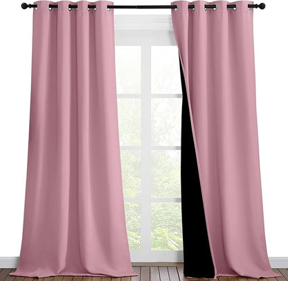 NICETOWN 100% Blackout Blinds, Set of 2, 46 inches x 96 inches, Laundry Room Decor Window Treatment Curtains for Large Patio Sliding Door, Thermal Insulated Crystal Pink Curtains for Bedroom
