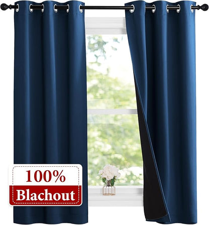 NICETOWN 100% Blackout Short Curtains with Black Liners, 2 Panels, 37"W by 63"L, Moroccan Blue, Solid Thermal Insulated Full Blackout 2-Layer Lined Drapes, Energy Efficiency Window Drapes for Bedroom