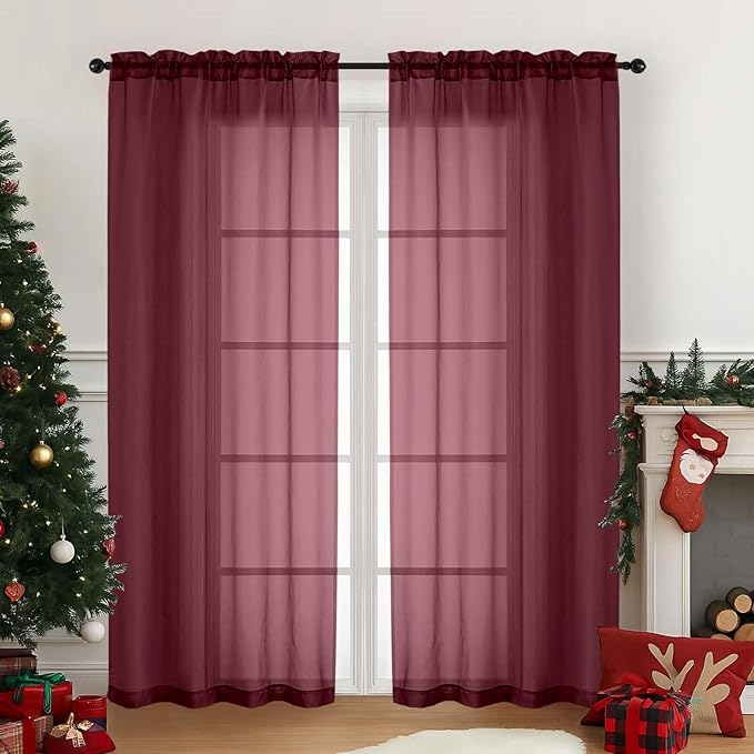 Burgundy Sheer Curtains for Window 72 inches Long 2 Panels, Soft Airy Light Filtering Sheer Curtains for Christmas Decoration, Dual Rod Pocket Solid Window Drapes, 2x42Wx72L inches