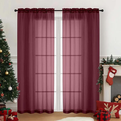 Burgundy Sheer Curtains for Window 72 inches Long 2 Panels, Soft Airy Light Filtering Sheer Curtains for Christmas Decoration, Dual Rod Pocket Solid Window Drapes, 2x42Wx72L inches