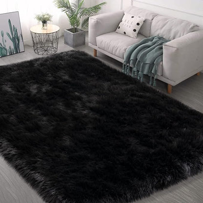 Black Faux Fur Rug for Bedroom 3'x5' Soft Shag Fuzzy Rugs for Living Room, Furry Bedside Nursery Rug Plush Indoor Floor Carpet for Kids Room Teen Dorm