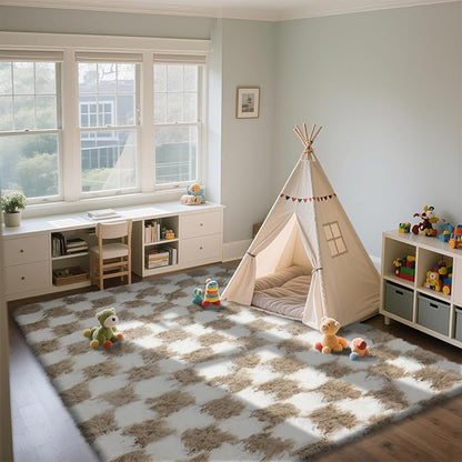 Checkered Area Rugs for Living Room 6x9, Fluffy Beige and White Checkered Rug Fuzzy Shag Shaggy Carpets for Bedroom, Soft Plush Furry Rug for Boy Girls Room Dorm Home Decor