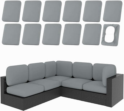 hyha 12Pcs Patio Cushion Covers, Stretch Outdoor Couch Cushion Covers Replacement, Washable Outdoor Chair/Sofa Slipcovers for Patio Furniture Cushions Protector with Elastic Bottom(Gray,Cover Only)