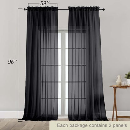 Black Sheer Curtains for Bedroom Living Room 96 Inches Long 2 Panels, Modern Airy Soft Lightweight Rod Pocket Light Filtering Sheer Curtains Drapes, Black, Each 59" Wx96 L Inch