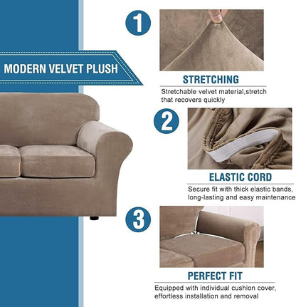 H.VERSAILTEX High Stretch Sofa Slipcover 4 Piece Cover Velvet Furniture Protector Form Fit Thick Velvet Extra Large Sofa Cover for 3 Cushion Couch Width Up to 97 Inch (Large Sofa, Camel)
