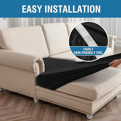 Couch Cover Velvet Chaise Cushion Cover for Sectional Sofas - Elastic L-Shaped Sofa Seat Covers Washable, Slipcover Protector (1-Piece, Black)