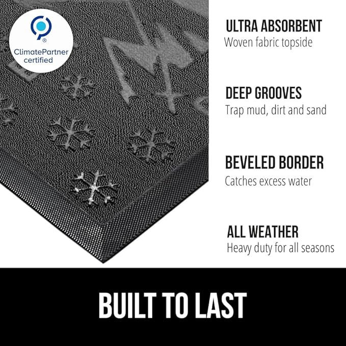 GORILLA GRIP 100% Waterproof All-Season WeatherMAX Doormat, US Designed Natural Rubber, Stain and Fade Resistant, Low Profile Indoor Outdoor Door Mats, Easy Clean Patio Mat, 29x17, Graphite Skiing
