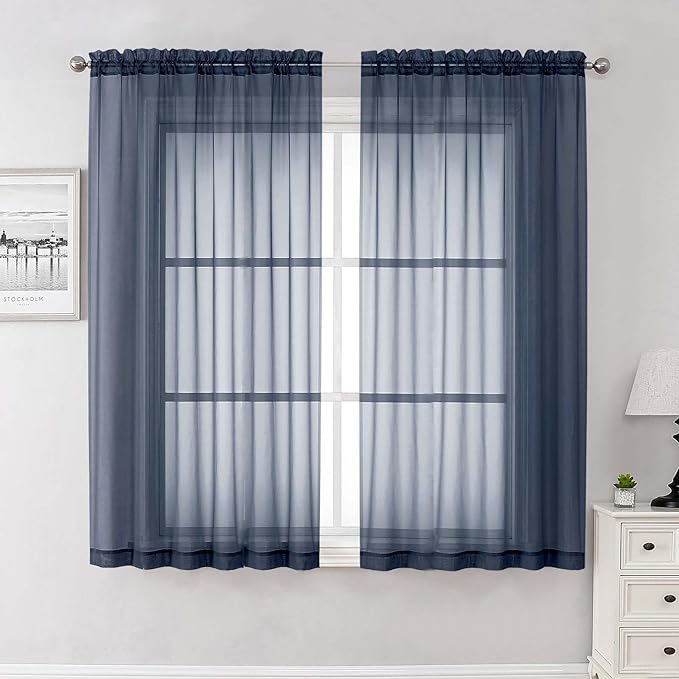Lecloud Navy Blue Sheer Curtains 63 Inch Length 2 Panels, Rod Pockets Window Treatments Light Filtering Bedroom Curtains for Living Room, Soft Home Drapes for Bathroom, Each Panel 59" W x 63" L