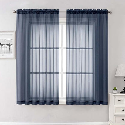 Lecloud Navy Blue Sheer Curtains 63 Inch Length 2 Panels, Rod Pockets Window Treatments Light Filtering Bedroom Curtains for Living Room, Soft Home Drapes for Bathroom, Each Panel 59" W x 63" L