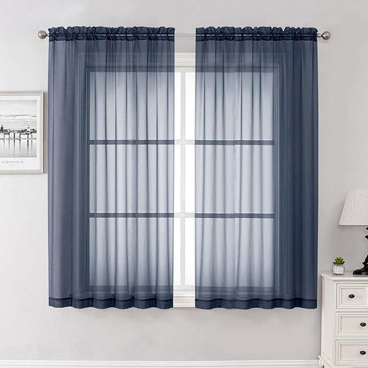 Lecloud Navy Blue Sheer Curtains 63 Inch Length 2 Panels, Rod Pockets Window Treatments Light Filtering Bedroom Curtains for Living Room, Soft Home Drapes for Bathroom, Each Panel 59" W x 63" L