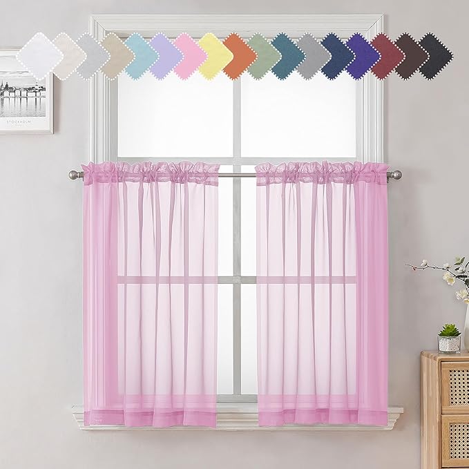 Lecloud Light Pink Sheer Curtains 36 Inch Length 2 Panels, Elegant Voile Cafe Short Curtain Tiers, Airy Breathable Gauzy Kitchen Curtains for Bedroom with Dual Rod Pocket, Each Panel 42 X 36 Inch