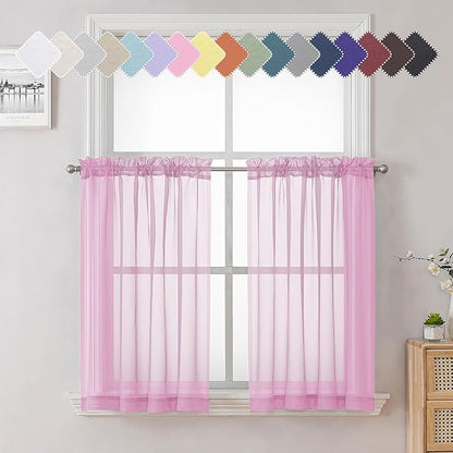 Lecloud Light Pink Sheer Curtains 36 Inch Length 2 Panels, Elegant Voile Cafe Short Curtain Tiers, Airy Breathable Gauzy Kitchen Curtains for Bedroom with Dual Rod Pocket, Each Panel 42 X 36 Inch