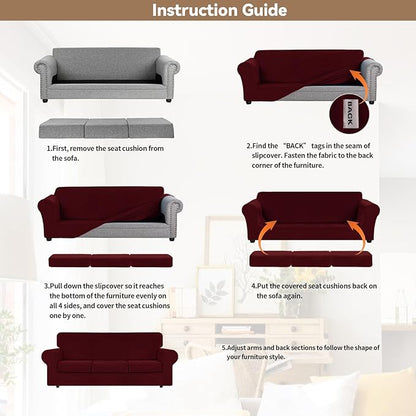 WEERRW Velvet High Stretch Couch Covers for 3 Cushion Couch Sofa Slipcovers, Washable Furniture Protector with Non Slip Elastic Bottom, Feature Soft and Thick Plush Fabric, Burgundy, Large