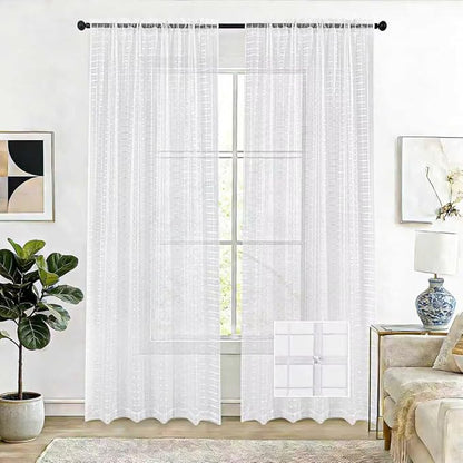 SpaceDresser Check Sheer Curtains 45 Inches Long for Living Room, Rod Pocket Plaid Semi Sheer Drapes for Kitchen Bedroom（White, 52W x 45L）