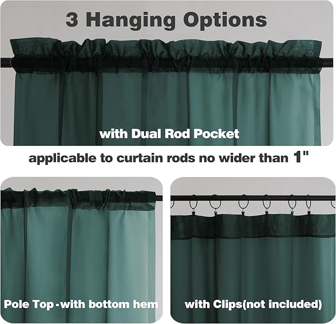 Chyhomenyc Hunter Green Sheer Curtains 84 inches Long 2 Panels, Light Filtering Emerald Voile Christmas Sheer Window Curtain Drapes for Living Room Bedroom, 1 Pair, Each 42W x 84L