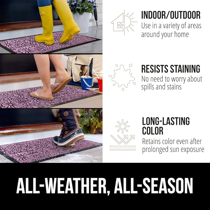 GORILLA GRIP 100% Waterproof All-Season WeatherMAX Doormat, 23x35, Durable Natural Rubber, Stain and Fade Resistant, Low Profile, Indoor Outdoor Doormats, Easy Clean Entry Mat, Purple Confetti Daisy