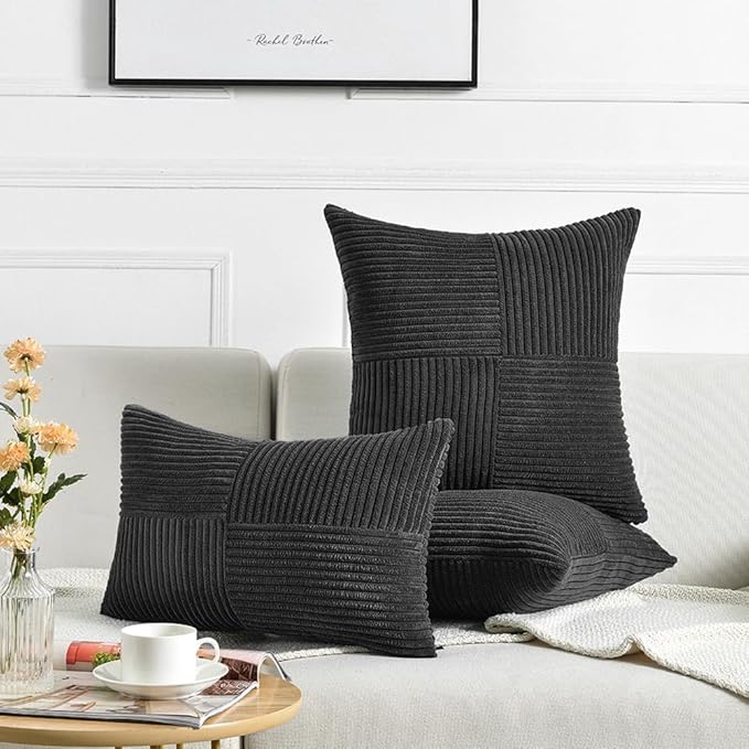 Fancy Homi 2 Packs Black Samll Decorative Throw Pillow Covers 12x12 Inch with for Couch Bed Sofa, Rustic Farmhouse Boho Home Decor, Soft Corss Patchwork Corduroy Square Cushion Case 30x30 cm