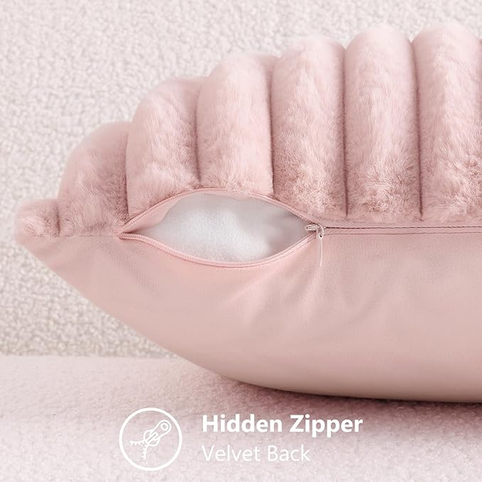 decorUhome Summer Cozy Faux Fur Throw Pillow Covers 16x16 Set of 2 Decorative Soft Plush Striped Modern Farmhouse Boho Couch Pillow Cases with Velvet Back for Sofa Bed Living Room, Pink