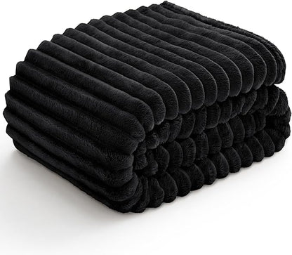BEDELITE Fleece Black Throw Blanket for Couch - 300GSM Soft & Warm Fluffy Black Blanket, Decorative and Giftable Striped Blankets for Women, Men, 50"x60"