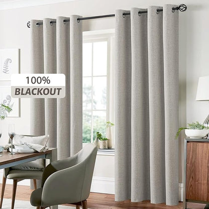 Yakamok Oatmeal Linen Curtains 100% Blackout 96 Inches Long,Room Darkening Textured Curtains for Living Room Thermal Grommet Bedroom Curtains 2 Panels with White Liner