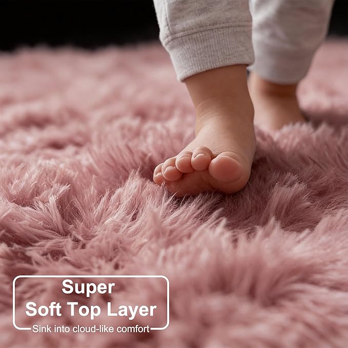Amdrebio Blush Fluffy Round Rug 4Ft for Bedroom, Fuzzy Furry Circle Area Rugs for Kids Room Decor Aesthetic, Shaggy Circular Carpet for Girls Nursery Dorm Baby Teen, Cute Neutral Dusty Rose Mauve Rug