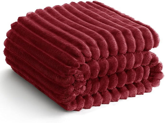 HIMEET Deep Red Ribbed Throw Blanket for Couch - 300GSM Lightweight Soft Fleece Blanket for Women, Cozy Blankets for Mothers Gifts, Striped Spring Home Room Decor, Deep Red, 50x60 Inches