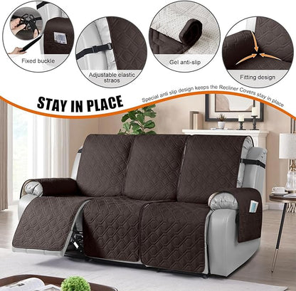 VANSOFY Waterproof Recliner Couch Covers, Sofa Covers 1-Piece Washable Reclining Sofa Cover Non-Slip Furniture Protector with Elastic Straps Pocket for Dogs, Pets(Chocolate,3 Seater)
