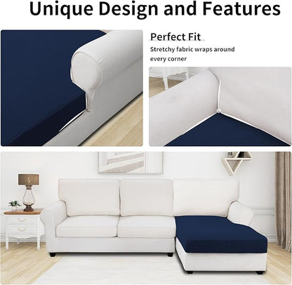 Easy-Going Stretch Sectional Couch Covers 1 Piece Chaise Lounge Slipcover L Shape Separate Cushion Couch Seat Chaise Cover for Both Left/Right Sectional Couch Navy