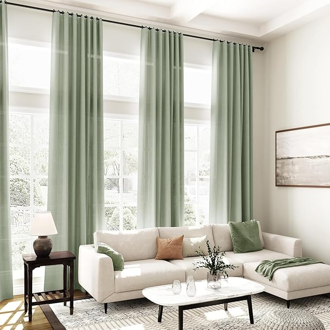 Desert Sage Linen Curtains 132 Inch Length for Living Room Light Filtering Semi Sheer Curtain Back Tab Rustic Farmhouse Decor Elegant Drapes Floor to Ceiling High Window for Bedroom 52x132, 2 Panels