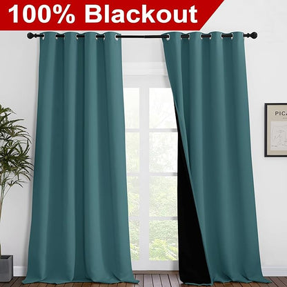 NICETOWN 100% Blackout Curtains 102 inches Long, Noise Reduction Window Treatment Curtains, Thermal Insulated Energy Smart Drapes and Draperies for Apartment Decor, Sea Teal, Set of 2, 55 inches W
