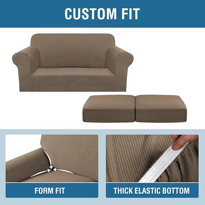H.VERSAILTEX 3 Piece Stretch Sofa Covers for 2 Cushion Loveseat Couch Covers for Living Room Sofa Slipcovers (Base Cover Plus 2 Seat Cushion Covers) Jacquard Fabric (Medium Sofa, Macchiato)