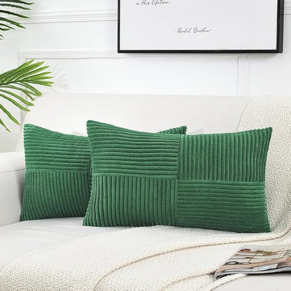 Fancy Homi 2 Packs Green Lumbar Decorative Throw Pillow Covers 12x20 Inch for Couch Bed Sofa, Holiday Christmas Home Decor Gift, Soft Striped Corduroy Rectangle Accent Cushion Case 30x50 cm